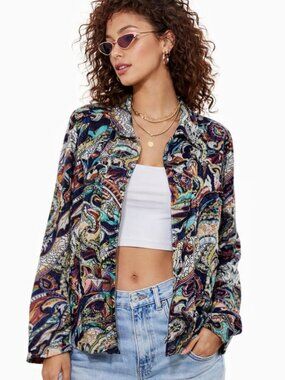 Chico's Jacket Size Extra Large Paisley Green Brown Artsy Boho Maximalist Fun
